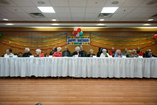 MIKE DEAL / WINNIPEG FREE PRESS
(from left) Ruth Gelfan, 100, Evelyn Golden, 100, Ardith Mae Alexander, 106, Fanny Sucharove, 106, Rose Hoffer, 100, Faye Paker, 100, and Sally Baker, 101, Marjorie Shatzky, 101, Iris Glanville, 102, and Ethel Karr, 104, are seated at the table of honour during the Centenarian Celebration at the Saul & Claribel Simkin Centre where ten women will be celebrated for their birthdays, all of them at least 100 years old.

170123 - Monday, January 23, 2017.