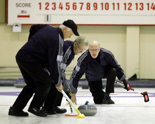 PHIL HOSSACK / WINNIPEG FREE PRESS -  Ron Westcott  delivers while lead (in cap) Don Shiach and second Bob Boughey work it down the ice,  Westcott and his ring ended the night scoreless against their opponent. Jason Bell story.  ....January 23, 2017