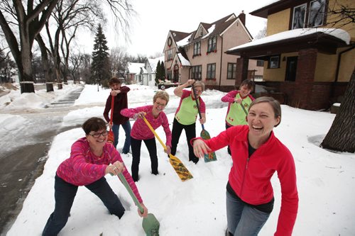 RUTH BONNEVILLE / WINNIPEG FREE PRESS

Philanthropy page: ChemoSavvy members - story and photo of breast cancer survivors that paddle a Dragon Boat in competitions and charity dragon boat races show off their artfully decorated paddles and their team T shirts.

Photo of some members of the team having some fun with their paddles in the snow.  Names from left: Mary McCormick, Debbie Burns, Louise Welsh, Marleen Roy,  Cathy Prusak,  and Tammy MacDonald (right, front)


 Jan 21, 2017