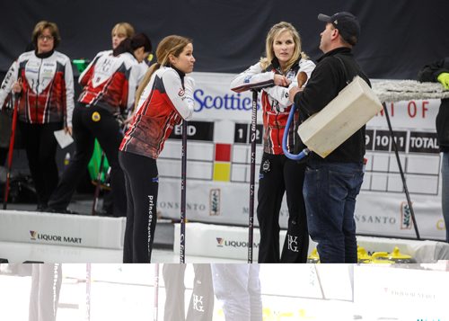 MIKE DEAL / WINNIPEG FREE PRESS
Skip Jennifer Jones (second from right) talks to Greg Ewasko the provincial ice technician (right) and teammate Kaitlyn Lawes (left) during practice Tuesday afternoon prior to the start of the 2017 Manitoba Scotties at the Eric Coy Arena. The winner will represent Manitoba at the national Scotties Tournament of Hearts in St. Catharines, ON in February.
170124 - Tuesday, January 24, 2017.