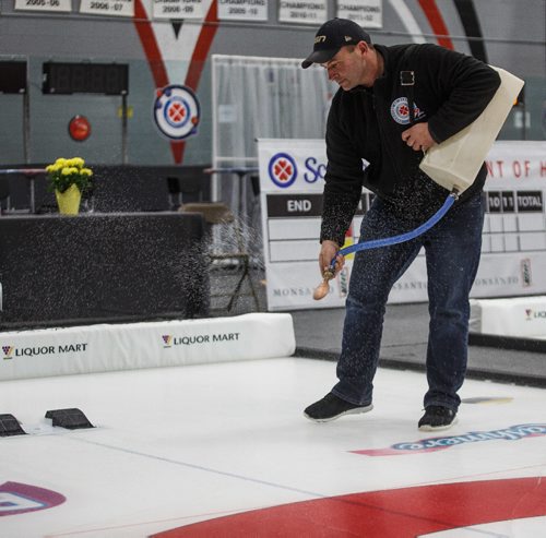 MIKE DEAL / WINNIPEG FREE PRESS
Greg Ewasko, the provincial ice technician pebbles a rink between practices for the 2017 Manitoba Scotties at the Eric Coy Arena. The tournament starts Wednesday with the final on Sunday afternoon.
170124 - Tuesday, January 24, 2017.