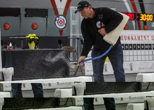 MIKE DEAL / WINNIPEG FREE PRESS
Greg Ewasko, the provincial ice technician pebbles a rink between practices for the 2017 Manitoba Scotties at the Eric Coy Arena. The tournament starts Wednesday with the final on Sunday afternoon.
170124 - Tuesday, January 24, 2017.