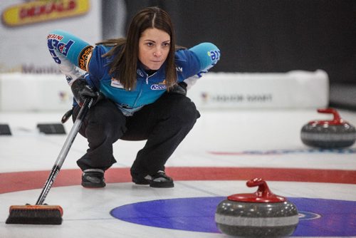 MIKE DEAL / WINNIPEG FREE PRESS
Skip Kerri Einarson during practice Tuesday afternoon prior to the start of the 2017 Manitoba Scotties which her team won last year. The winner will represent Manitoba at the national Scotties Tournament of Hearts in St. Catharines, ON in February.
170124 - Tuesday, January 24, 2017.