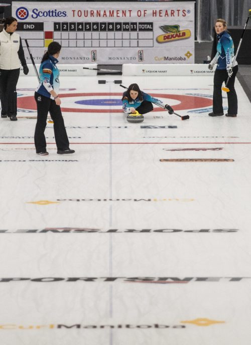 MIKE DEAL / WINNIPEG FREE PRESS
Skip Kerri Einarson throws a rock during practice Tuesday afternoon prior to the start of the 2017 Manitoba Scotties which her team won last year. The winner will represent Manitoba at the national Scotties Tournament of Hearts in St. Catharines, ON in February.
170124 - Tuesday, January 24, 2017.