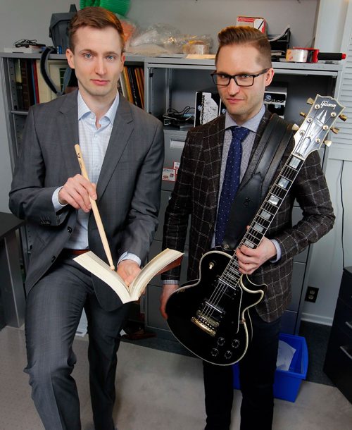 BORIS MINKEVICH / WINNIPEG FREE PRESS
MKM Management Services is a company run by Shane Matthewson, left, and Jesse Matthewson, right, of the noise-rock/hardcore band KEN mode. They pose for a photo in their home office in St. Vital. Erin Lebar story. JAN. 26, 2017