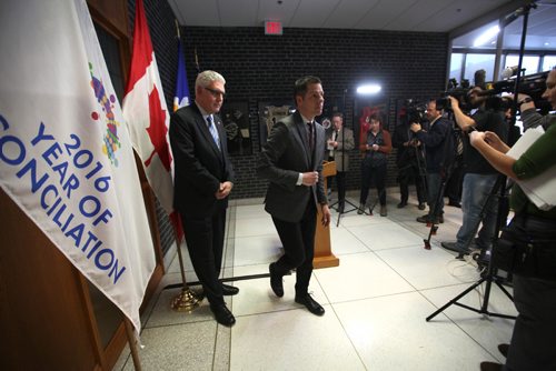 RUTH BONNEVILLE / WINNIPEG FREE PRESS


Winnipeg's mayor Brian Bowman leaves press conference after responding to questions from the media with CAO, Doug McNeil, about allegations against former mayor Sam Katz and Sheegl over compensation for the new Police HQ construction at City Hall Admin Building Thursday.  
See Aldo Santin story. 

 Jan 26, 2017