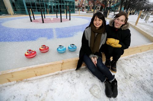 TREVOR HAGAN / WINNIPEG FREE PRESS
Leanne Muir, a landscape designer, and Liz Wreford, principal and landscape architect, with Public City Architecture, with their "Crokicurl" game at The Forks, Thursday, January 26, 2017