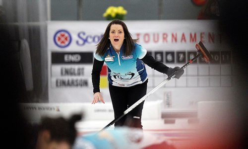 PHIL HOSSACK / WINNIPEG FREE PRESS -  Kerri Einarson "roars" Friday afternoon at the Eric Coy Arena, home of this years Scotties. Melissa Martin story....January 27, 2017