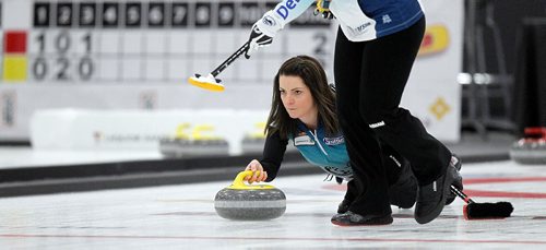 PHIL HOSSACK / WINNIPEG FREE PRESS -  Kerri Einarson approaces the hog line with her delivery Friday afternoon at the Eric Coy Arena, home of this years Scotties. Melissa Martin story....January 27, 2017