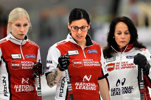 PHIL HOSSACK / WINNIPEG FREE PRESS -  Skip Michelle Englot (left) and Lead, Raunora Westcott frame 3rd Kate Cameron's reaction to a difficult lay Friday afternoon at the Eric Coy Arena, home of this years Scotties. Melissa Martin story....January 27, 2017