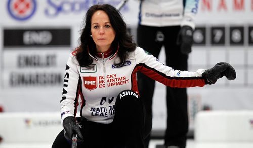 PHIL HOSSACK / WINNIPEG FREE PRESS -  Michelle Englot indicates a turn Friday afternoon at the Eric Coy Arena, home of this years Scotties. Melissa Martin story....January 27, 2017