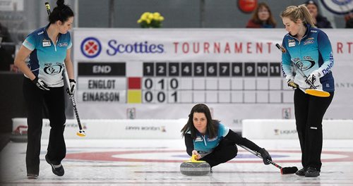 PHIL HOSSACK / WINNIPEG FREE PRESS -  Kerri Einarson (centre) delivers frames by Liz Fyfe (left) and Kristin MacCuish Friday afternoon at the Eric Coy Arena, home of this years Scotties. Melissa Martin story....January 27, 2017
