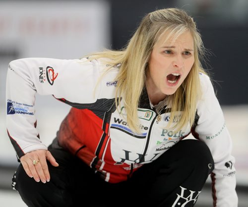 TREVOR HAGAN / WINNIPEG FREE PRESS
Jennifer Jones curls against the Michelle Englot rink during the Manitoba Scotties Tournament of Hearts Semi Finals, Saturday, January 28, 2017.