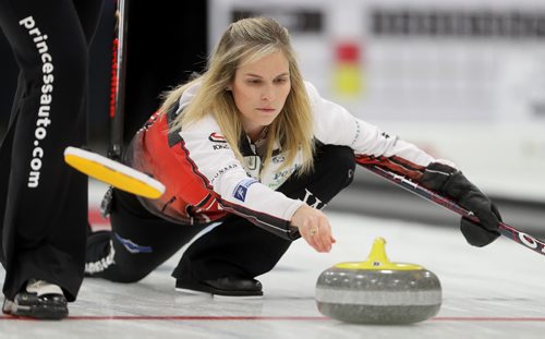 TREVOR HAGAN / WINNIPEG FREE PRESS
Jennifer Jones curls against the Michelle Englot rink during the Manitoba Scotties Tournament of Hearts Semi Finals, Saturday, January 28, 2017.