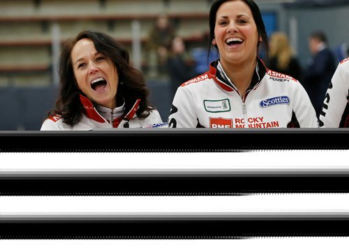 JOHN WOODS / WINNIPEG FREE PRESS
Michelle Englot and Kate Cameron celebrate after defeating Darcy Robertson in the finals of the Scotties at Eric Coy Arena in Winnipeg Sunday, January 29, 2017.
