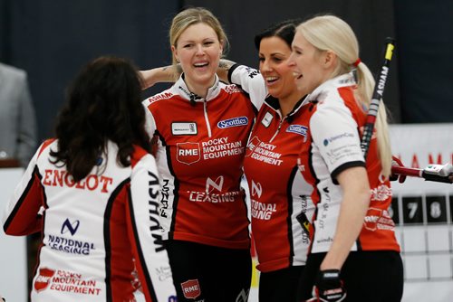 JOHN WOODS / WINNIPEG FREE PRESS
From left Michelle Englot, Leslie Wilson, Kate Cameron and Raunora Wescott celebrate after defeating Darcy Robertson in the finals of the Scotties at Eric Coy Arena in Winnipeg Sunday, January 29, 2017.

