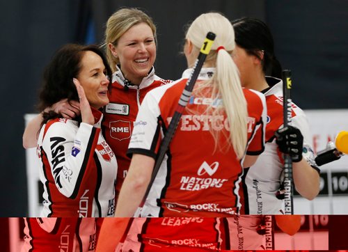JOHN WOODS / WINNIPEG FREE PRESS
From left Michelle Englot, Leslie Wilson, Raunora Wescott and Kate Cameron celebrate after defeating Darcy Robertson in the finals of the Scotties at Eric Coy Arena in Winnipeg Sunday, January 29, 2017.
