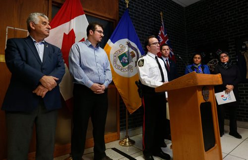 WAYNE GLOWACKI / WINNIPEG FREE PRESS

At podium, Police Chief Danny Smyth, with from left, Albert El Tassi, Idris Elbakri, Manitoba Islamic Association,  Mayor Brian Bowman,  Rita Chahal, Manitoba Interfaith Immigration Council and Shahina Siddiqui, National Council of Canadian Muslims at a news conference Monday regarding the terrorist attack in Quebec. This event was held in the Administration Building at City Hall. Aldo Santin story. Jan.30  2017