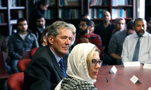 WAYNE GLOWACKI / WINNIPEG FREE PRESS

Premier Brian Pallister and Culture Minister Rochelle Squires at right at a meeting with local Muslim leaders in the Winnipeg Grand Mosque Tuesday.  Larry Kusch  story. Jan.31  2017