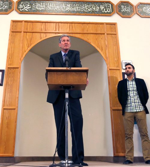 WAYNE GLOWACKI / WINNIPEG FREE PRESS

Premier Brian Pallister with Osaed Khan, pres. Manitoba Islamic Assc. at right, speaks to reporters after meeting with local Muslim leaders at the Winnipeg Grand Mosque Tuesday.  Larry Kusch  story. Jan.31  2017