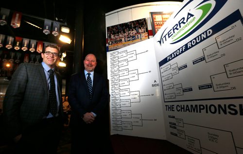 WAYNE GLOWACKI / WINNIPEG FREE PRESS

In centre, Kent Klimpke, regional manager with Viterra and Craig Baker with CurlManitoba at the 2017 Viterra Championship news conference Tuesday.  Jason Bell story. Jan.31  2017