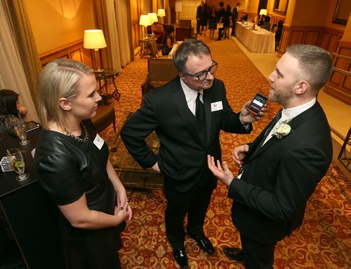 JASON HALSTEAD / WINNIPEG FREE PRESS

Finalists Jordan Meagher (Forks Renewal Corporation), left, and Mike Deluca (Proximity Mobile) are interviewed by Richard Cloutier of CJOB at the ninth annual Future Leaders of Manitoba Awards on Jan. 26, 2017, at the Fort Garry Hotel. (See Social Page)