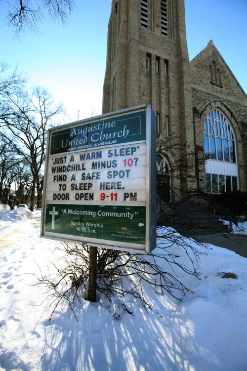 RUTH BONNEVILLE / WINNIPEG FREE PRESS

Faith Page: Sign outside Augustine United Church advertises overnight shelter at the Osborne Village church offering  a place to sleep for homeless people during the cold.
See Brenda Suderman story. 
Feb 02, 2017
