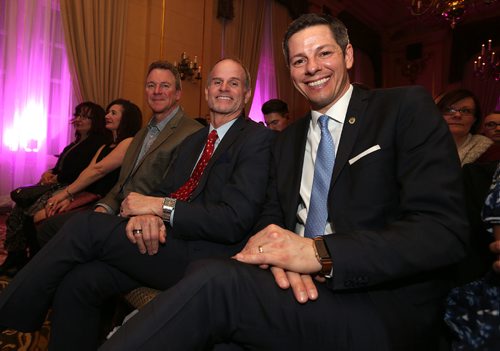 JASON HALSTEAD / WINNIPEG FREE PRESS

From left, Cam Baldwin, chair of the board of directors for Main Street Project, Rick Lees, director of development for Main Street Project, and Mayor Brian Bowman take in the Runway to Change fashion show fundraiser presented by Qualico in support of Main Street Project on Feb. 2, 2017, at the Fort Garry Hotel.
