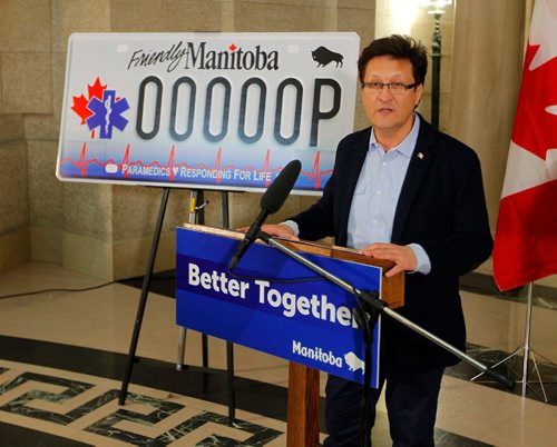 BORIS MINKEVICH / WINNIPEG FREE PRESS
Province unveiled a new specialty licence plate for active/retired paramedics and their families at the Legislature. MLA Ron Schuler speaks at the event. Feb. 3, 2017