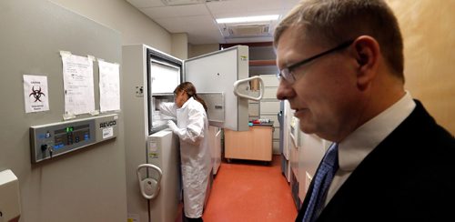 WAYNE GLOWACKI / WINNIPEG FREE PRESS 

Saturday Special. Dr. Spencer Gibson, Head of Cell Biology at the Research Institute at CancerCare Manitoba by the storage freezers used for preserving cancer samples at -80C temperatures so they dont degrade. This was on the media tour Friday at CancerCare Manitoba for World Cancer Day on Feb.4 Randy Turner story   Feb. 3  2017