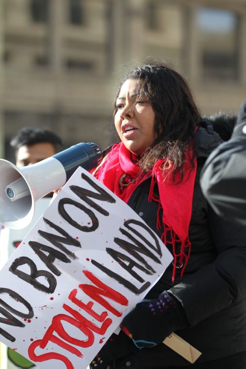 
RUTH BONNEVILLE / WINNIPEG FREE PRESS

Tasha Spillett  speaks out at ralliy at 201 Portage  to call on Mayor Brian Bowman to make Winnipeg a sanctuary city for undocumented migrants Friday. No last names.  

Feb 03,, 2017