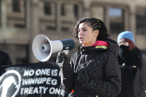 RUTH BONNEVILLE / WINNIPEG FREE PRESS

Young tween Leen (11yrs, black jacket)  speaks out at ralliy at 201 Portage  to call on Mayor Brian Bowman to make Winnipeg a sanctuary city for undocumented migrants Friday. No last name given.  

Feb 03,, 2017
