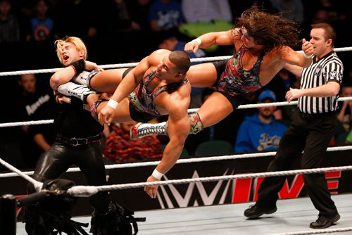 JOHN WOODS / WINNIPEG FREE PRESS
Chad Gable and Jason Jordan of American Alpha kick a wrestler at WWE in MTS Centre Sunday, February 5, 2017.