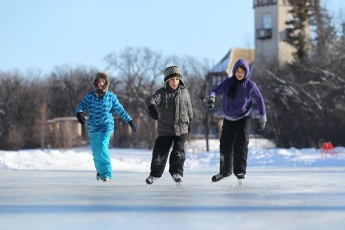 RUTH BONNEVILLE / WINNIPEG FREE PRESS

Siblings from left - Sophie Arnaud (13yrs), Cedric (8yrs) and Alice (11yrs) enjoy the afternoon sun as they skate on the Duck Pond at Assiniboine Park Tuesday.  The Arnaud family are from New Brunswick and are living in Winnipeg temporarily for their dads work.  Being home schooled they get their school work done in the morning allowing time for outdoor activities in the afternoons.
Standup photo.
  Feb 07,, 2017

