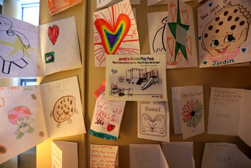 RUTH BONNEVILLE / WINNIPEG FREE PRESS

The walls of Jordin Bailey's room in Winnipeg is filled with homemade cards from her classmates and friends  from Norway House with a artist rendering of the playground that is to be built in her name on the wall next to them    The eight-year-old girl from Norway House with terminal brain cancer whose last wish from the organization that grants them wasn't to go to Disneyland. Instead little Jordin wanted to create a park and playground at the end of her street for other kids to enjoy after she's gone. Nearly $60,000 has already been raised by the Norway House community and the Manitoba RCMP.

(Mother Lisa Kematch and stepfather Thomas Balfour will be there)
FOR Sinclair Wednesday column

  Feb 07,, 2017
