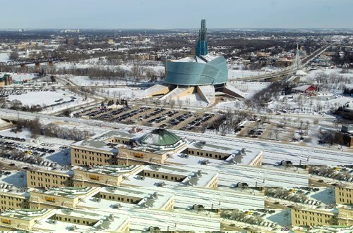BORIS MINKEVICH / WINNIPEG FREE PRESS
Photos of the city taken from the Prairie 360 restaurant, formerly known as Revolving Restaurant (Fort Garry Place/Garry Street). Union Station (VIA Rail), bottom, and Canadian Museum for Human Rights, above. Feb. 8, 2017