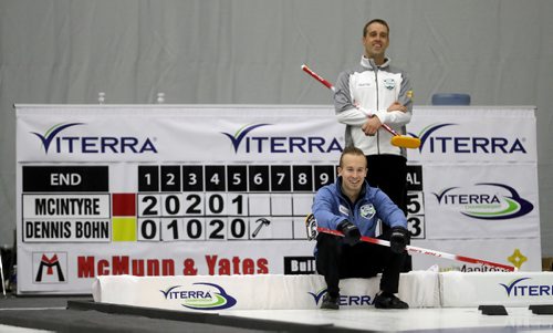 TREVOR HAGAN / WINNIPEG FREE PRESS
Taylor McIntyre and Dennis Bohn smiling while playing against each other at the Viterra Championship in Portage la Prairie, Thursday, February 9, 2017.