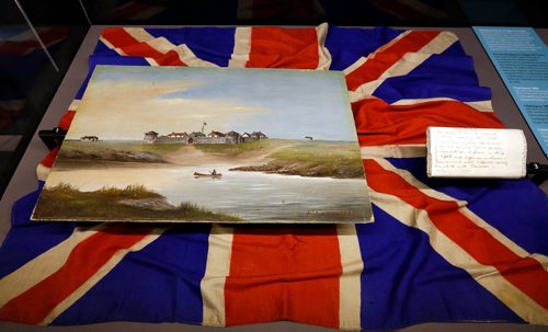 WAYNE GLOWACKI / WINNIPEG FREE PRESS 

This display includes the Union Jack silk flag (1870) that was flown at Upper Fort Garry on the day Red River Expedition troops arrived to take control of the region. The oil painting by Lionel MacDonald Stephenson shows Upper Fort Garry in 1869. This is part of the Legacies of Confederation: A New Look At Manitoba History exhibit at the Manitoba Museum. Bill Redekop story    Feb. 9  2017