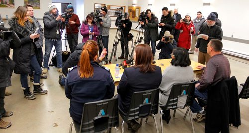 BORIS MINKEVICH / WINNIPEG FREE PRESS
EMERSON, MB - Press conference after officials met in regards to refugees crossing into Canada at Emerson, MB. Large amounts of media showed up to cover the story. Feb. 9, 2017
