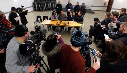BORIS MINKEVICH / WINNIPEG FREE PRESS
EMERSON, MB - Press conference after officials met in regards to refugees crossing into Canada at Emerson, MB. Large amounts of media showed up to cover the story. Feb. 9, 2017