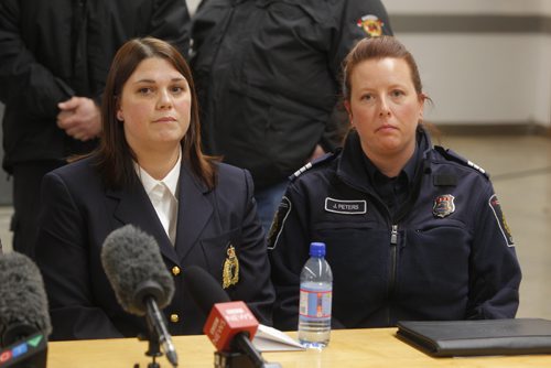 BORIS MINKEVICH / WINNIPEG FREE PRESS
EMERSON, MB - Press conference after officials met in regards to refugees crossing into Canada into Emerson. From left, Tara Seel, RCMP "D" Division Media Relations Officer, and Jeryn Peters, Chief of Operations for CBSA in southern Manitoba. Feb. 9, 2017