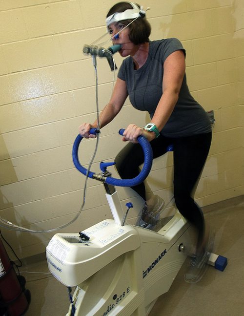 PHIL HOSSACK / WINNIPEG FREE PRESS  -  Jill Wison works a stationary bicycle wearing a spirometry mask at the Richardson Centre for Functional Foods and Nutraceuticals, See Jill Wilson's story re: research program. - February 8, 2017