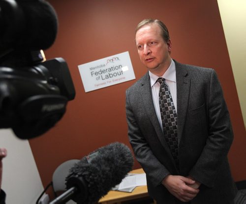 PHIL HOSSACK / WINNIPEG FREE PRESS  -   Mb Federation of Labor's Kevin Rebeck speaks with media after meeting with government officials Friday afternoon. See Nick Martin's story.  - February 10, 2017