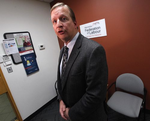 PHIL HOSSACK / WINNIPEG FREE PRESS  -   Mb Federation of Labor's Kevin Rebeck speaks with media after meeting with government officials Friday afternoon. See Nick Martin's story.  - February 10, 2017