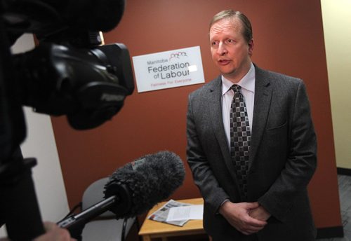 PHIL HOSSACK / WINNIPEG FREE PRESS  -   Mb Federation of Labor's Kevin Rebeck speaks with media after meeting with government officials Friday afternoon. See Nick Martin's story.  - February 10, 2017