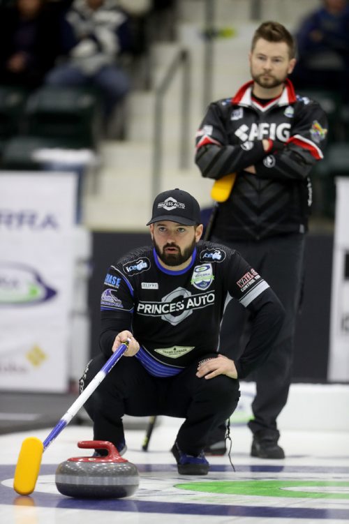 TREVOR HAGAN / WINNIPEG FREE PRESS
Reid Carruthers gives instructions while playing against Mike McEwen at the Viterra Championship in Portage la Prairie, Saturday, February 11, 2017. The winner would move directly the Sundays final.