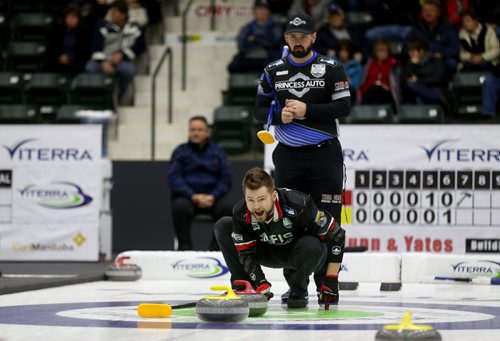TREVOR HAGAN / WINNIPEG FREE PRESS
Mike McEwen shouts instructions while playing against Reid Carruthers at the Viterra Championship in Portage la Prairie, Saturday, February 11, 2017. The winner would move directly the Sundays final.