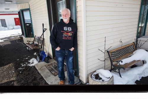 MIKE DEAL / WINNIPEG FREE PRESS
Frank Suderman outside the Maple Leaf Motel which he helps to manage with his wife Faye in Emerson, Manitoba.
170212 - Sunday, February 12, 2017.