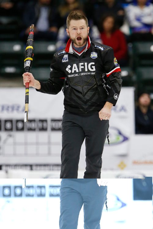 JOHN WOODS / WINNIPEG FREE PRESS
Mike McEwan celebrates scoring 4 in the 8th to go on to defeat the Reid Carruthers team in the Manitoba Men's Curling Championships in Portage La Prairie Sunday, February 12, 2017.

