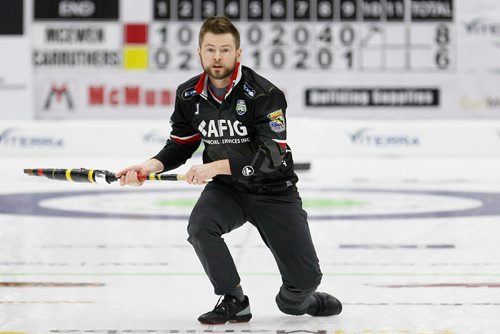 JOHN WOODS / WINNIPEG FREE PRESS
Mike McEwan throws his last rock and his team goes on to defeat the Reid Carruthers team in the Manitoba Men's Curling Championships in Portage La Prairie Sunday, February 12, 2017.


